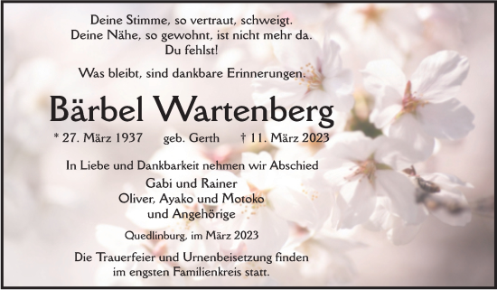 Traueranzeige von Bärbel Wartenberg von Trauerkombi Quedlinburg