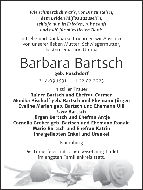 Traueranzeige von Barbara Bartsch von Wochenspiegel Naumburg/Nebra