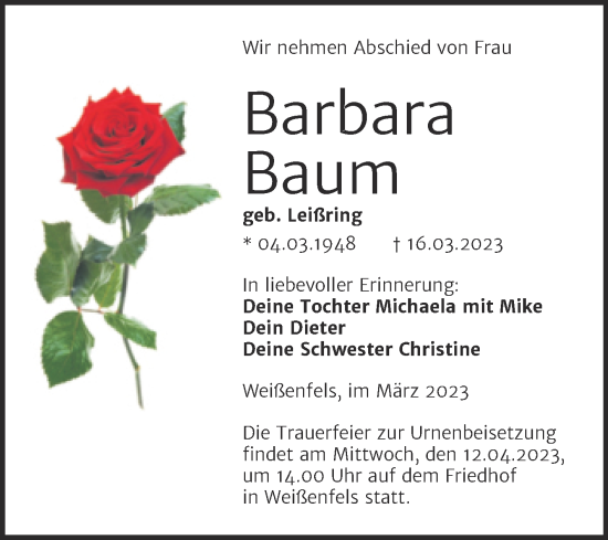 Traueranzeige von Barbara Baum von Trauerkombi Weißenfels