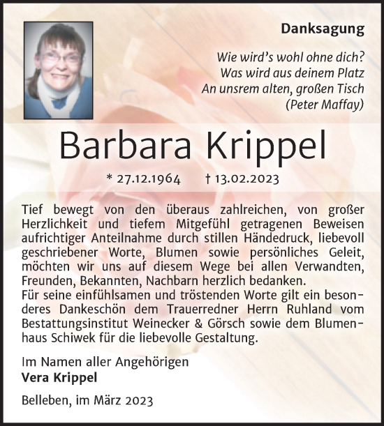 Traueranzeige von Barbara Krippel von Trauerkombi Bernburg