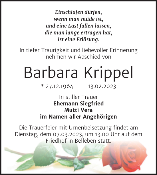Traueranzeige von Barbara Krippel von Trauerkombi Bernburg