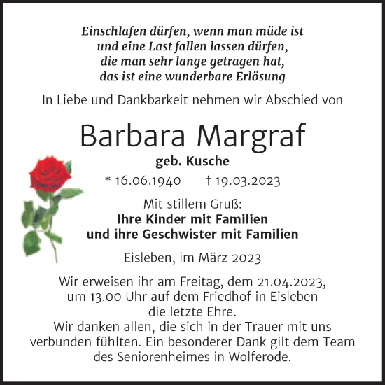 Traueranzeige von Barbara Margraf von Trauerkombi Mansfelder Land