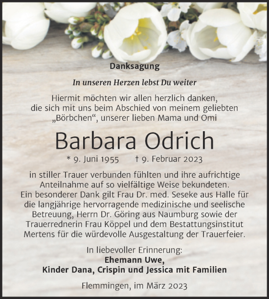 Traueranzeige von Barbara Odrich von Wochenspiegel Naumburg/Nebra