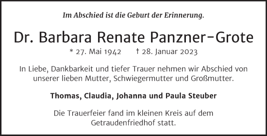 Traueranzeige von Barbara Panzner-Grote von Mitteldeutsche Zeitung Halle/Saalkreis