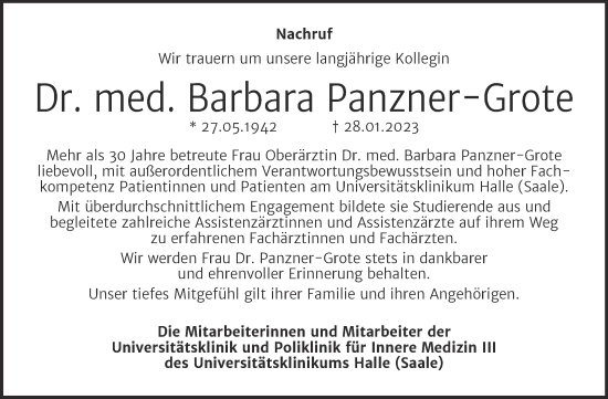 Traueranzeige von Barbara Panzner-Grote von Mitteldeutsche Zeitung Halle/Saalkreis