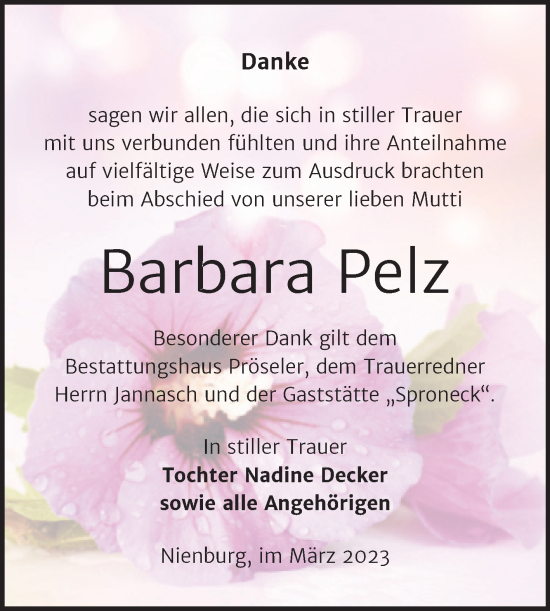 Traueranzeige von Barbara Pelz von Trauerkombi Bernburg
