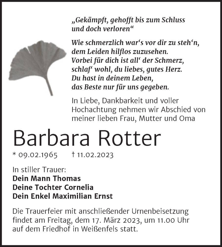  Traueranzeige für Barbara Rotter vom 11.03.2023 aus Trauerkombi Weißenfels