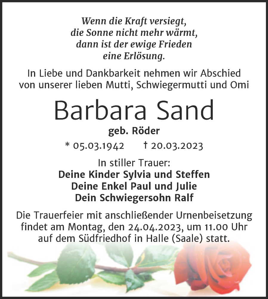  Traueranzeige für Barbara Sand vom 25.03.2023 aus Mitteldeutsche Zeitung Halle/Saalkreis