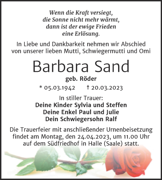Traueranzeige von Barbara Sand von Mitteldeutsche Zeitung Halle/Saalkreis