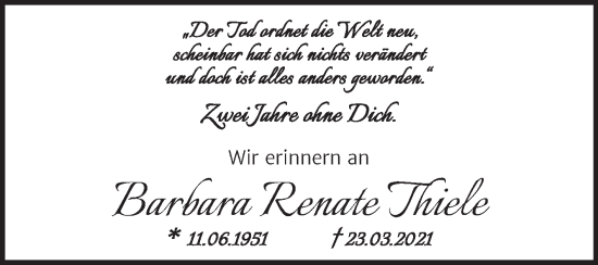 Traueranzeige von Barbara Renate Thiele von Trauerkombi Dessau