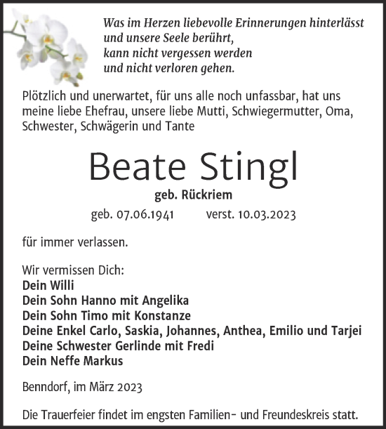 Traueranzeige von Beate Stingl von Trauerkombi Mansfelder Land