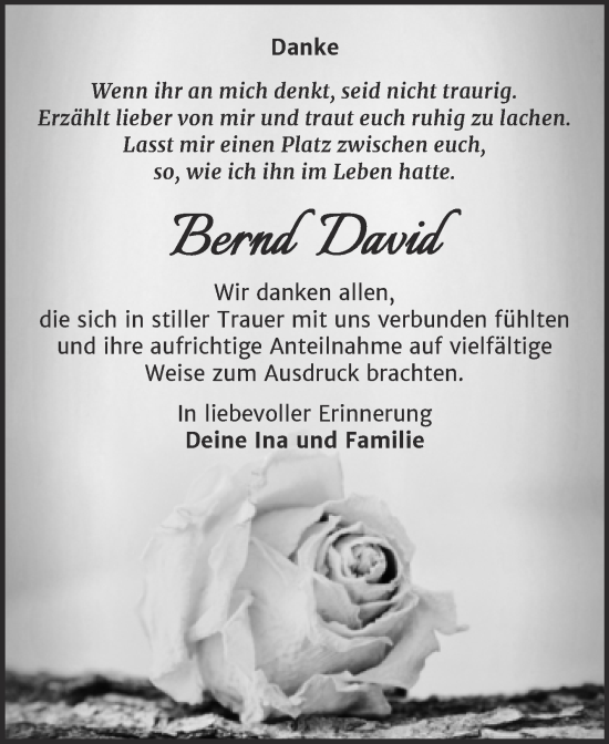 Traueranzeige von Bernd David von Trauerkombi Mansfelder Land