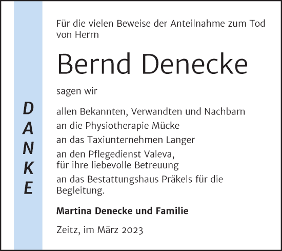 Traueranzeige von Bernd Denecke von Trauerkombi Zeitz