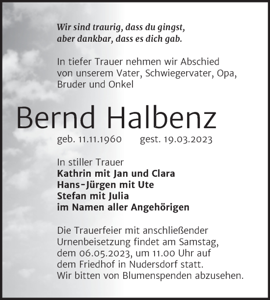 Traueranzeige von Bernd Halbenz von Trauerkombi Wittenberg