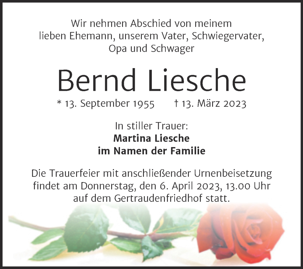  Traueranzeige für Bernd Liesche vom 25.03.2023 aus Mitteldeutsche Zeitung Halle/Saalkreis
