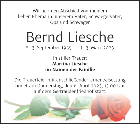 Traueranzeige von Bernd Liesche von Mitteldeutsche Zeitung Halle/Saalkreis