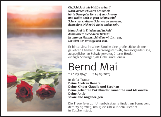 Traueranzeige von Bernd Mai von Trauerkombi Merseburg