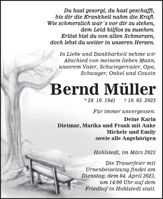 Traueranzeige von Bernd Müller von Trauerkombi Sangerhausen