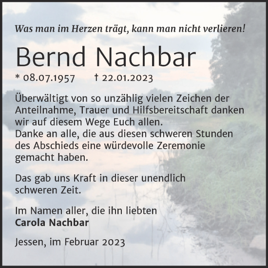 Traueranzeige von Bernd Nachbar von Trauerkombi Wittenberg