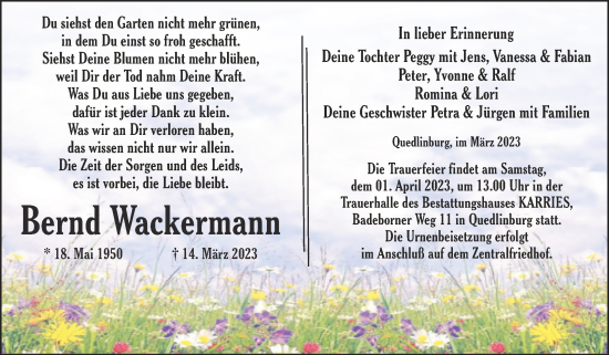 Traueranzeige von Bernd Wackermann von Trauerkombi Quedlinburg