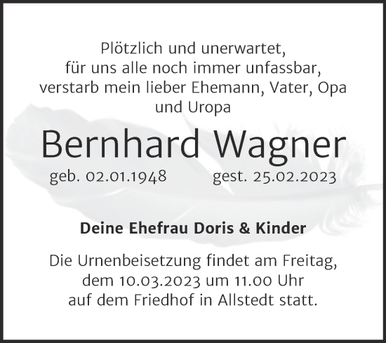 Traueranzeige von Bernhard Wagner von Trauerkombi Sangerhausen