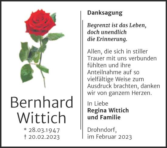 Traueranzeige von Bernhard Wittich von Trauerkombi Aschersleben