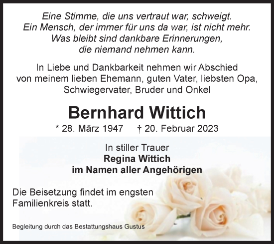 Traueranzeige von Bernhard Wittich von Mitteldeutsche Zeitung Aschersleben