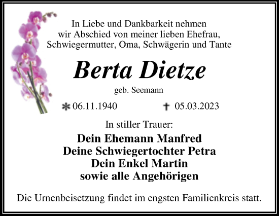 Traueranzeige von Berta Dietze von Trauerkombi Dessau
