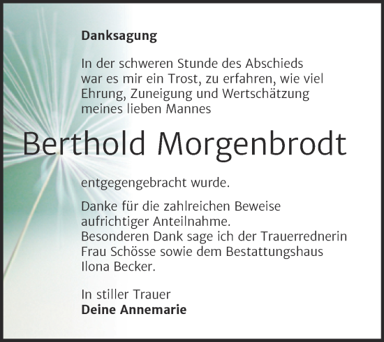 Traueranzeige von Berthold Morgenbrodt von Trauerkombi Sangerhausen