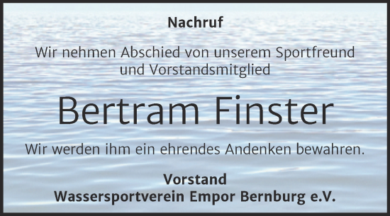 Traueranzeige von Bertram Finster von Super Sonntag Bernburg