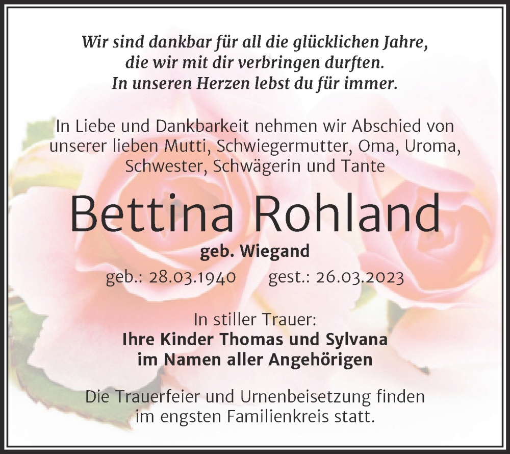  Traueranzeige für Bettina Rohland vom 31.03.2023 aus Trauerkombi Mansfelder Land