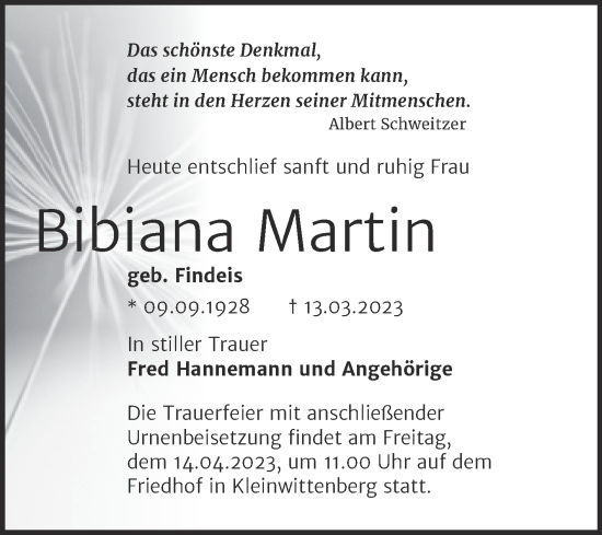 Traueranzeige von Bibiana Martin von Trauerkombi Wittenberg