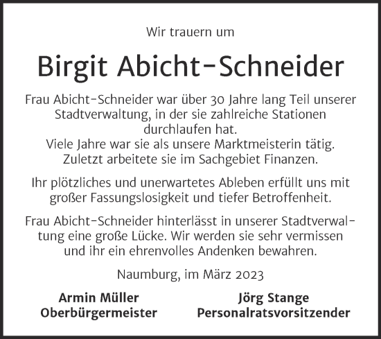 Traueranzeige von Birgit Abicht-Schneider von Naumburger Tageblatt