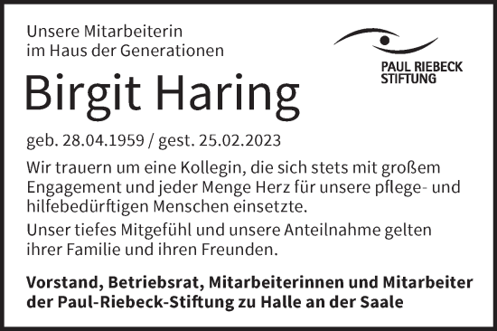 Traueranzeige von Birgit Haring von Mitteldeutsche Zeitung Halle/Saalkreis