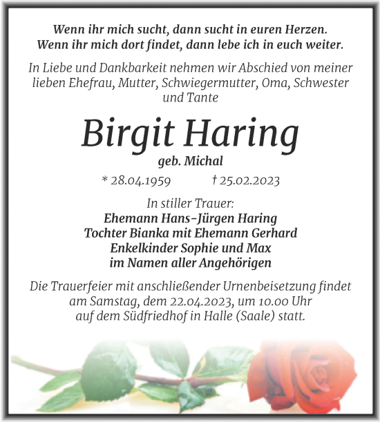 Traueranzeige von Birgit Haring von Mitteldeutsche Zeitung Halle/Saalkreis