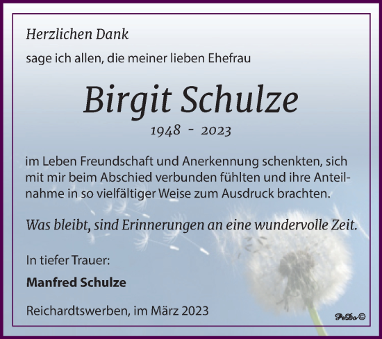 Traueranzeige von Birgit Schulze von Trauerkombi Weißenfels