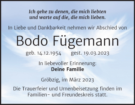Traueranzeige von Bodo Fügemann von Trauerkombi Köthen