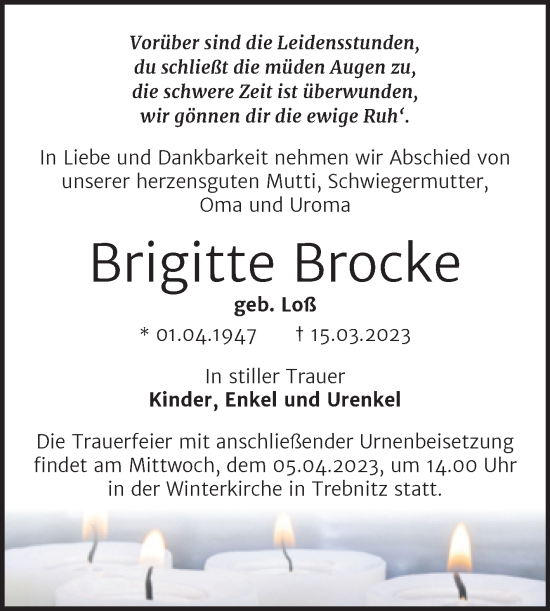 Traueranzeige von Brigitte Brocke von Trauerkombi Bernburg