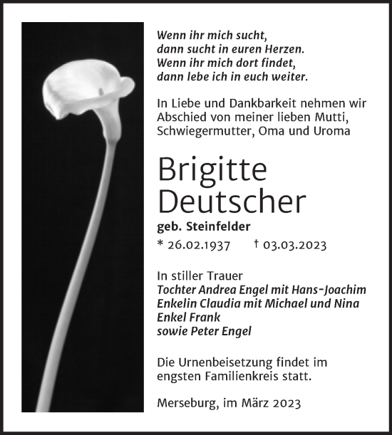 Traueranzeige von Brigitte Deutscher von Trauerkombi Merseburg