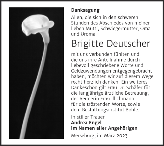 Traueranzeige von Brigitte Deutscher von Trauerkombi Merseburg