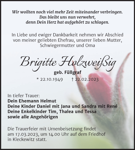 Traueranzeige von Brigitte Holzweißig von Trauerkombi Bitterfeld