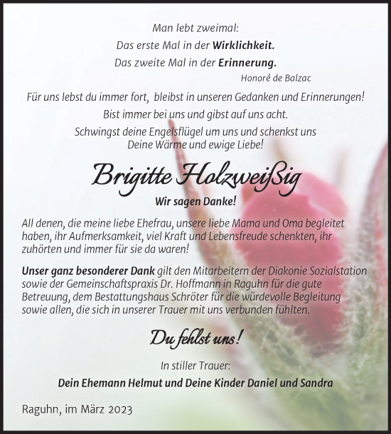 Traueranzeige von Brigitte Holzweißig von Trauerkombi Bitterfeld
