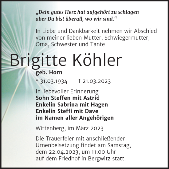 Traueranzeige von Brigitte Köhler von Trauerkombi Wittenberg