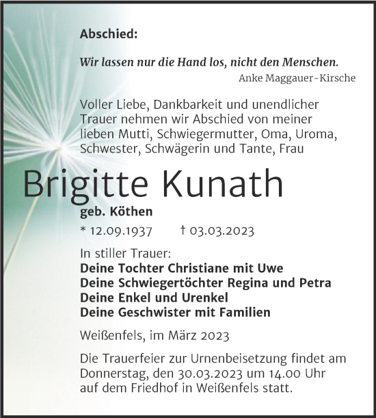 Traueranzeige von Brigitte Kunath von Trauerkombi Weißenfels