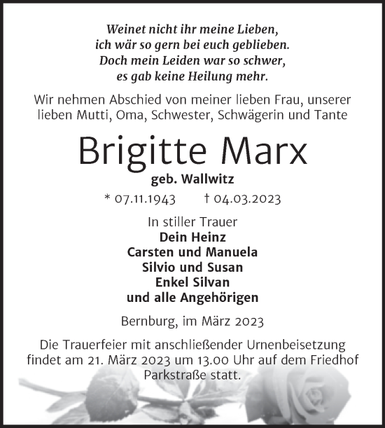 Traueranzeige von Brigitte Marx von Trauerkombi Bernburg