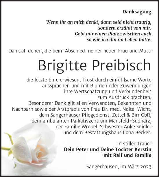 Traueranzeige von Brigitte Preibisch von Trauerkombi Sangerhausen