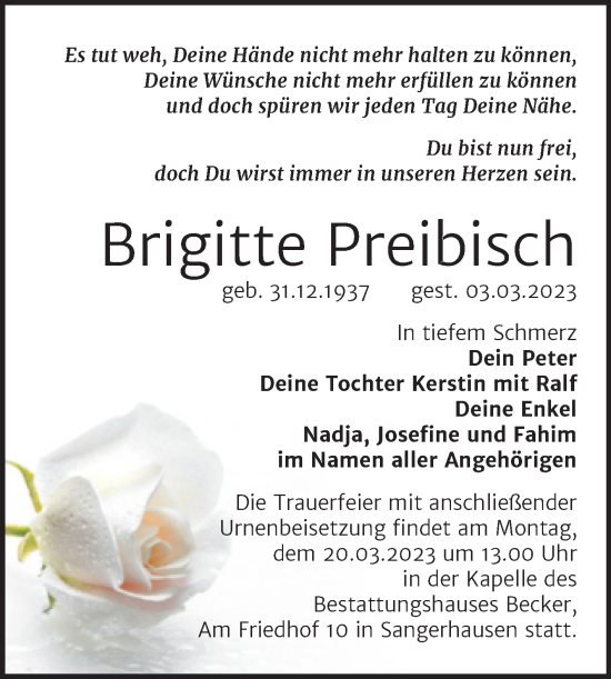 Traueranzeige von Brigitte Preibisch von Trauerkombi Sangerhausen