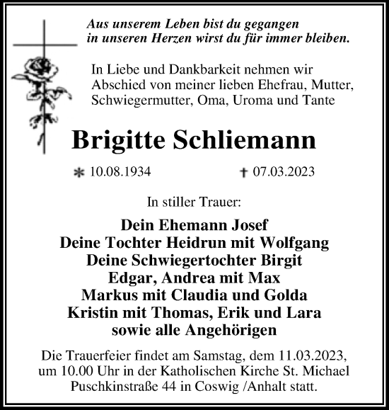 Traueranzeige von Brigitte Schliemann von Trauerkombi Wittenberg