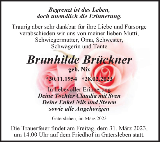 Traueranzeige von Brunhilde Brückner von Trauerkombi Aschersleben