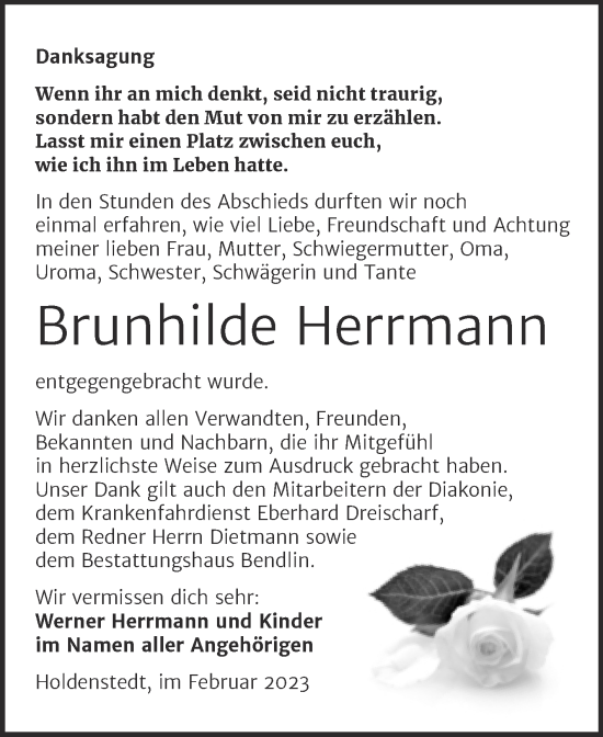 Traueranzeige von Brunhilde Herrmann von Trauerkombi Sangerhausen